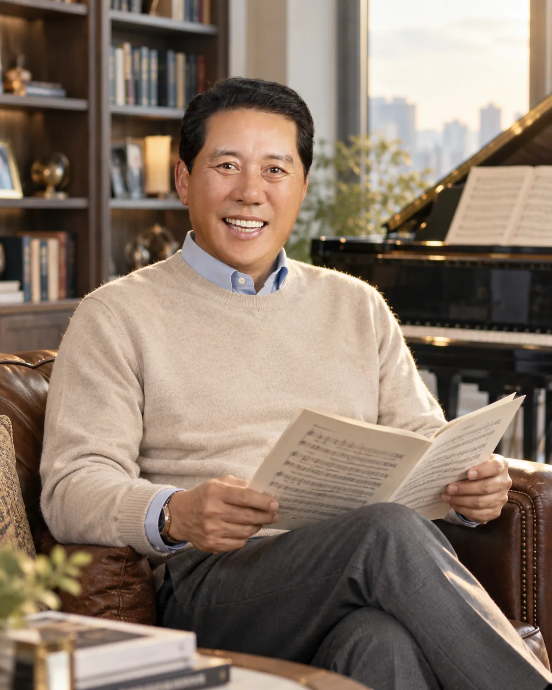 서재에서 악보를 들고 미소 짓는 박종신 회장