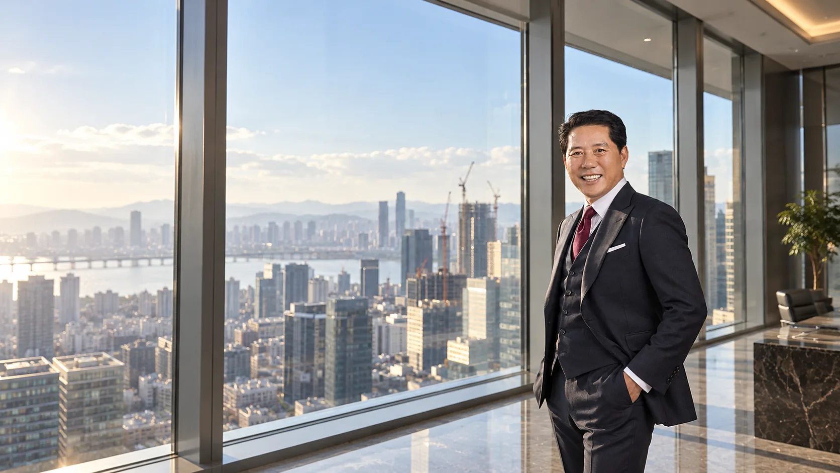 고층 오피스 창가에 선 쓰리피스 정장 차림의 박종신 회장